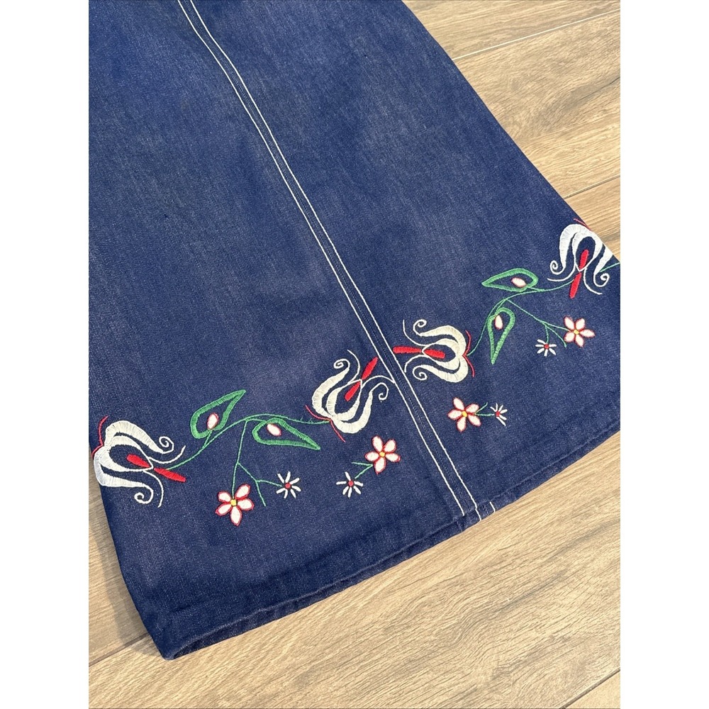 Vintage 70s Handmade Midi Denim Skirt Embroidered Flowers Hippie 27" Waist XS/S - Picture 10 of 16